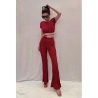 Set bộ áo croptop cột dây sau lưng và quần ống loe vnxk