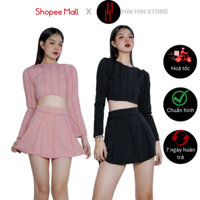 Set bộ áo croptop tay dài phối cung chân váy ngắn màu đen - màu hồng HS122 Hỉn Hỉn Store