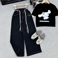 Set bộ áo croptop và quần jean ống suông cho bé gái  THỎ TRẮNGset bộ áo thun và quần jean suông bé gái