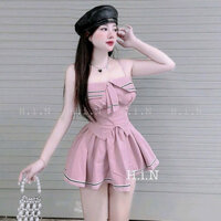 SÉT BỘ ÁO CÚP NGỰC PHỐI DÂY VAI CHÂN VÁY XẾP LY XÒE Nữ Women