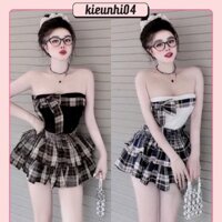 Set Bộ Áo Cúp Nơ Caro Croptop + Chân Váy Caro Xoè Tầng Có Lót Quần - Nữ Women Top