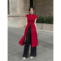 Sét bộ áo dài cách tân cổ tàu tay ngắn gắn nút chất tuyết nhung cao cấp xẻ dài tà áo mix quần đen suông đầm xinh xinh đẹ