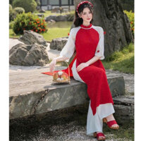 Set bộ áo dài cách tân thời trang nữ chất tuyết nhung cổ tròn đính cườm tay ngắn xẻ lai quần lưng thun ống đứng dài maxi