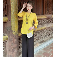 Set bộ áo dài cách tân thời trang nữ sang chảnh chất áo gấm cổ tròn tay lỡ quần tuyết nhung lưng thun ống đứng dài maxi