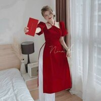 Set bộ áo dài đỏ cách tân cổ yếm và quần dài ống suông rộng phi lụa mặc Tết siêu sang   FASHION