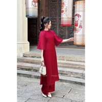 Set bộ áo dài gam màu đỏ trơn đơn giản trẻ trung cổ tròn dài tay quần ống rộng chất vải tuyết nhung