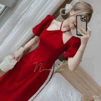 *Sét bộ áo dài Lụa Nhung cao cấp thời trang nữ áo dài cách tân cổ yếm dây, tay ngắn xẻ tà quần dài ống rộng Y hình