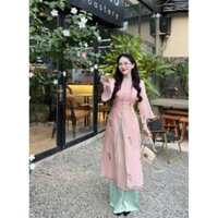 *Set bộ áo dài thiết kế mặc đi chơi lễ tết chất tơ 2 lớp cổ tròn đính nút bọc tay lửng in hoa xẻ quần lụa satin bo thun