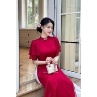 Set bộ áo dài thời trang nữ đi chơi chất tơ 2 lớp cổ tàu tay ngắn bèo xẻ lai 2 bên quần lụa ống rộng bo thun dáng maxi