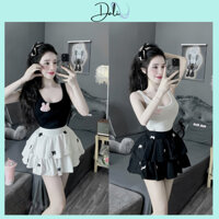 Set Bộ Áo Dây Bản To Tặng Kèm Gấu + Chân Váy Xoè 2 Tầng Đính Nơ