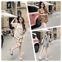 Set bộ áo form rộng 2 màu kem, xám, nâu + Chân váy xếp ly in chữ xinh