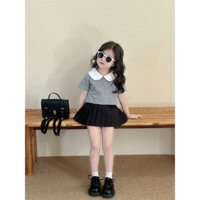 SÉT BỘ ÁO GHI CỔ SEN CV XẾP LY BÉ GÁI