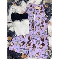 Set Bộ Áo Hai Dây Cúp Ren Croptop + Quần Ống Xuông Rộng Đũi Hoạt Hình Thú In Dễ Thương