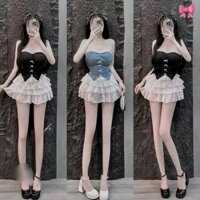Set Bộ Áo Hai Dây Cúp Viền Ren Đính Hàng Nơ Mix Chân Váy Voan Tầng Có Quần
