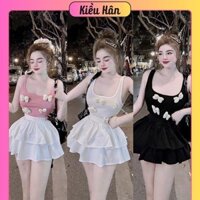 Set Bộ Áo Hai Dây Gân Bản U Đính Hoa Nơ Siêu Đẹp + Chân Váy Tầng Có Lót Quần Chất Kate Lụa - Nữ Women Top
