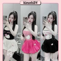 Set Bộ Áo Hai Dây In Mèo Kitty Croptop + Quần Bí Phồng 2 Lớp Gắn Stiker Mèo Kitty - Nữ Women Top