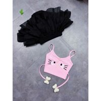 Set Bộ Áo Hai Dây Mèo Hồng Đính Nơ Croptop + Chân Váy Voan Tơ Tầng Xoè Có Lót Quần