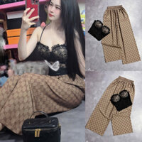 Set Bộ Áo Hai Dây Ren Cúp Croptop + Quần In Gu Xì Ống Xuông Rộng Lưng Chun