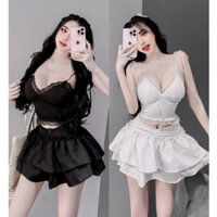 Set Bộ Áo Hai Dây V Thắt Vai Phối Ren Croptop + Chân Váy Hai Tầng Nơ Có Lót Quần