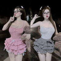 Set Bộ Áo Hai Dây Vạt Bầu Cài Khuy Croptop + Chân Váy Caro Tầng Lót Quần Bí Viền Ren