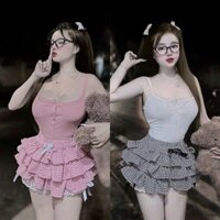 Set Bộ Áo Hai Dây Vạt Bầu Cài Khuy Croptop + Chân Váy Caro Tầng Lót Quần Bí