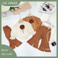 Set bộ áo hoa nổi tay dài quần ống loe chất liệu thun gân cho bé gái từ 5-22kg