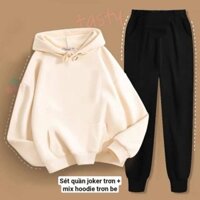 sét bộ áo hoodie trơn be+mix quần joker đen form rộng