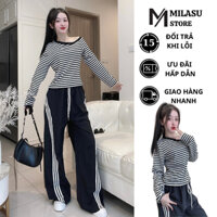 Set bộ áo kẻ lệch vai mix quần suông gió MILASU bộ đồ nữ thu đông siêu tôn dáng 282