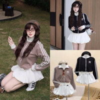 Set Bộ Áo Khoác Nỉ Das Kéo Khoá Cổ Cao Viền Sọc Mix Chân Váy Bí Xoè Bồng Màu Nâu Đen