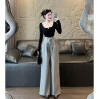 Sét bộ áo kiểu cổ tròn tay dài phối quần kiểu lưng suông mẫu mới hottren đỉnh chóp