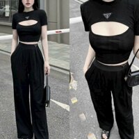 Sét bộ áo kiểu croptop khoét ngực mix quần suông mẫu mới HOTTREN