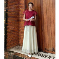 Set Bộ Áo Kiểu Nữ Cổ Tròn Tay Loe Cột Dây Kèm Chân Váy Dáng Dài 2 Màu Đỏ , Kem, Siêu Xinh.