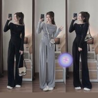 Set bộ áo lệch vai tay dài kèm quần dài ống suông có túi chất thun tăm lạnh co giãn thích hợp mặc đi làm đi chơi đi tiệc