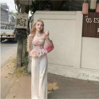 Set bộ áo lụa kate quần xô dập nổi thời trang nữ áo cúp ngực họa tiết in dễ thương quần dài dịu dàng