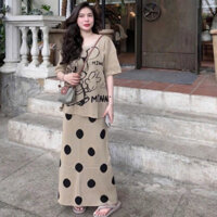 Set Bộ Áo Mickey Coton Phối Chân Váy Dài Chấm Bi Nữ 3 Màu