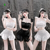 Set bộ áo nhúm ngực 2 dây phối cánh tiên kèm quần nhúm eo xoè tầng đẹp pcgo
