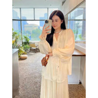 Set Bộ Áo Nhún Ngực Kèm Chân Váy Xếp Ly Hàng Siêu Xinh 2023