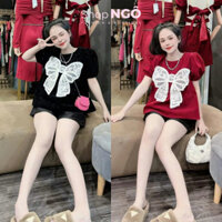 Set bộ áo NHUNG kim tuyến tay phồng BABY DOLL NƠ TRẮNG mix quần short đen tapta 2 màu dễ thương phù hợp đi chơi TẾT