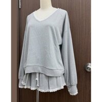 Set Bộ Áo Nỉ Cổ V Kèm Chân Váy Phối Ren, Áo Nỉ Dài Tay Form Rộng Mix Chân Váy Xoè