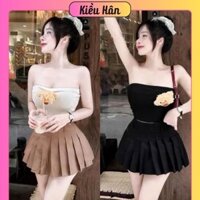 Set Bộ Áo Ống Có Mút Croptop + Gấu Bông + Chân Váy Tennis Xếp Ly Có Lót Quần Women Nữ Top