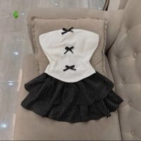 Sét bộ áo ống cúp ngực đính 3 nơ phối chân váy tầng ngắn xòe màu sọc caro cực hot