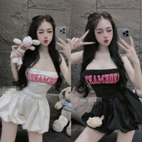 Set Bộ Áo Ống Cúp Ngực In Mặt Cười Chữ Hồng Croptop Sẵn Mút + Quần Short Bí Phồng Gấu Bông