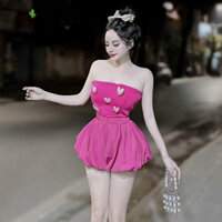 Sét bộ áo ống đính 5 trái tim bồng , phối quần đùi bí cực xinh , chất áo thun tăm phối váy kate mềm mát