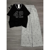 Set bộ áo phông cổ tim số 42 mix quần ống rộng