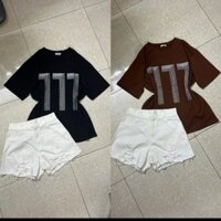 Set bộ￼ Áo phông cotton khô form rộng <70kg inpet 2 mặt mix quần sooc jean rách cá tính
