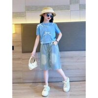 Set Bộ Áo Phông Cotton Nơ Xanh Và Tim Trắng Mix Quần Jean Cho Bé Fom Dáng Rộng Thoải Mái Đủ sz 20-45kg