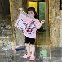 Set Bộ Áo Phông Hello Kityy Màu Hồng Phối Quần Legging Ngố Phong Cách Cá Tính Cho Bé Gái