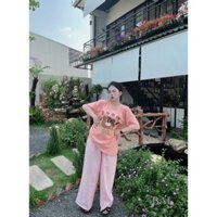 Sét bộ áo phông in hình gấu+cô gái dễ thương kèm quần kẻ suông dáng dài
