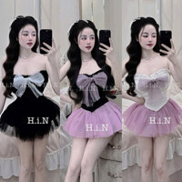 Set Bộ Áo Quây Cúp Gấm Nơ Lưới + Chân Váy Lưới Xoè 2 Lớp