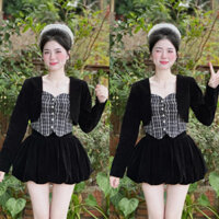 Set Bộ Áo Quây Dạ Mút Ngực Kèm Khoác Nhung Croptop Phối Quần Bí Phồng